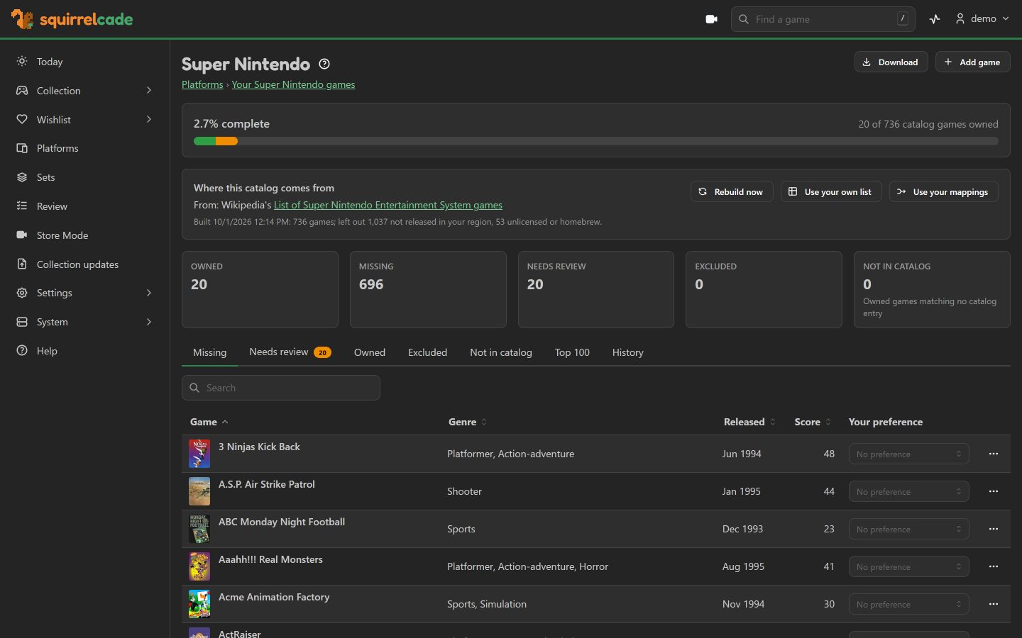 A console's page: how much of its catalog you own, and the games still missing