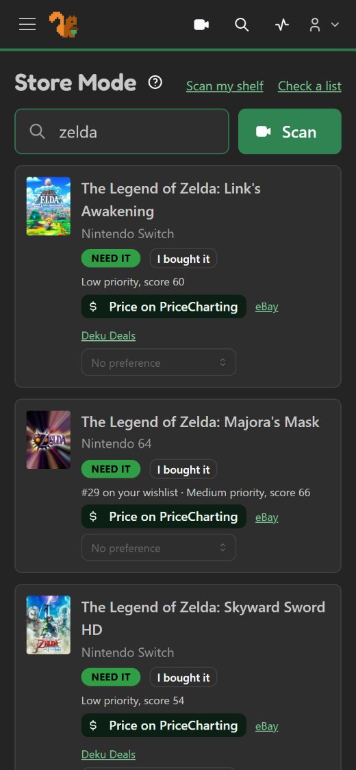 Store Mode on a phone: a search for Zelda, each result saying whether you own it or need it